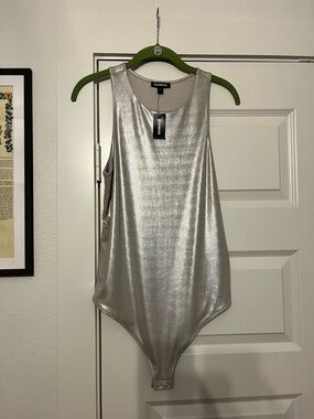 Express Metallic Silver Scoop Neck Bodysuit